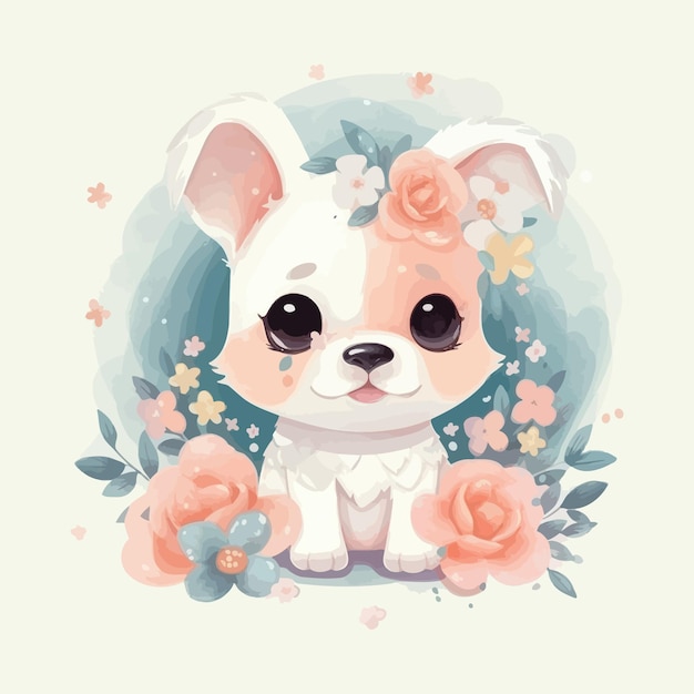 Cute cartoon kawaii baby dog watercolor illustration