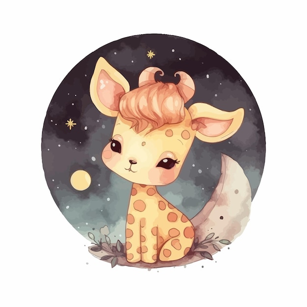 Cute cartoon kawaii baby giraffe watercolor illustration