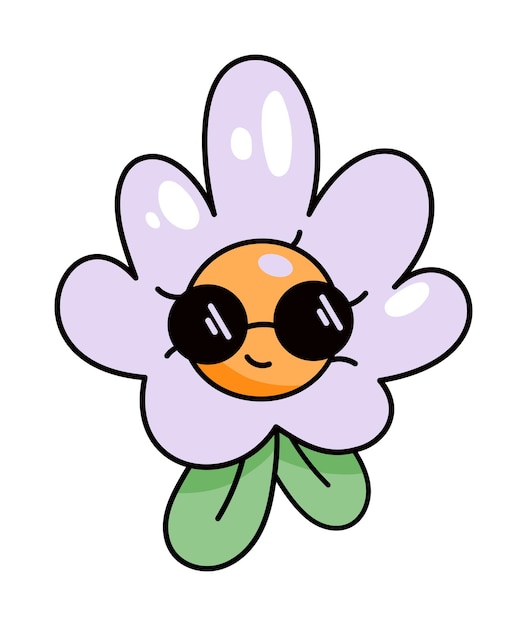 Cute cartoon kawaii character daisy flower with leaves in retro 70s style Groove plant Funny emotion