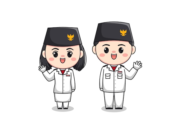 Cute cartoon kawaii character heritage flag hoisting troop indonesia independence day waving hands