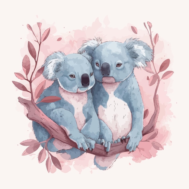 Cute cartoon kawaii koalas watercolor illustration