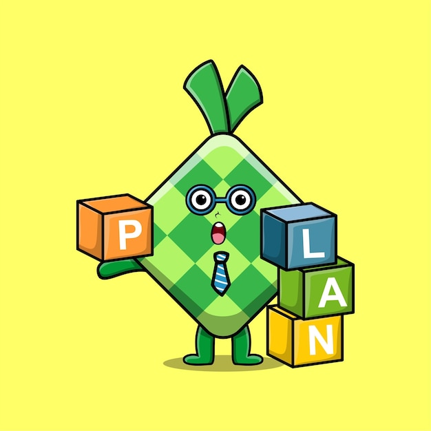 Cute cartoon ketupat businessman stacking plan box in 3d modern style design