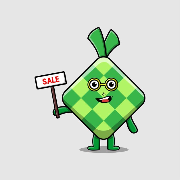 Cute cartoon ketupat character holding sale sign designs in concept 3d cartoon style