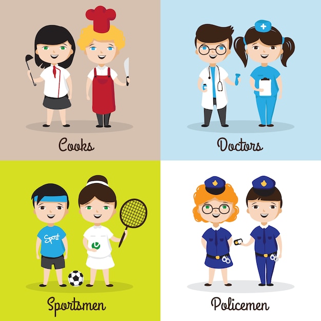 cute cartoon kids in different professions