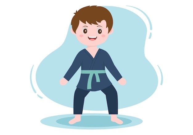 Cute Cartoon Kids Doing Some Basic Karate Martial Arts Moves and Wearing Kimono in Illustration