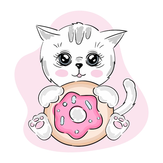 Cute Cartoon Kitten baby cat vector print with donut