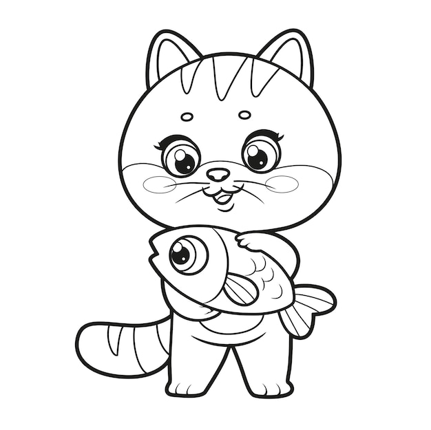 Cute cartoon kitten with fish pet outlined for coloring page on a white background