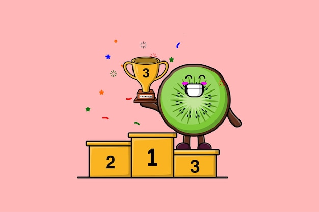 Cute cartoon Kiwi fruit character as the third winner with happy expression in modern illustration