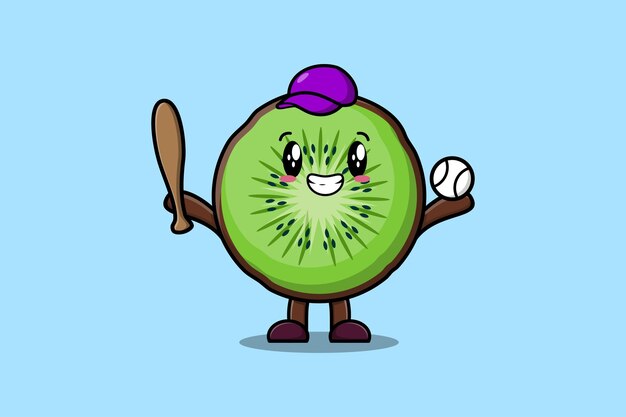 Cute cartoon Kiwi fruit character playing baseball in modern style design