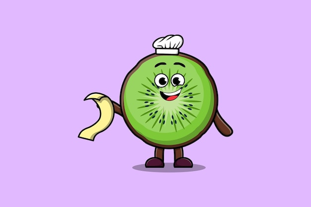 Cute cartoon Kiwi fruit chef character with menu in hand cute style design illustration