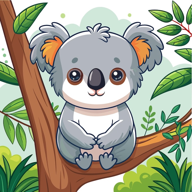 Vector cute cartoon koala bear sitting on a tree branch