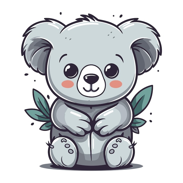 Cute cartoon koala sitting with green leaves Vector illustration