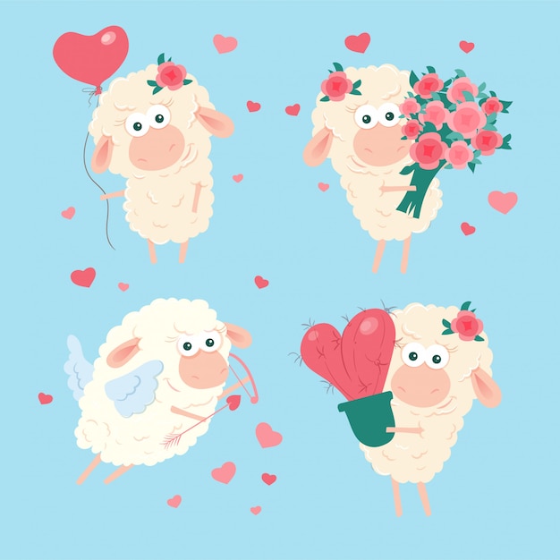 Cute cartoon lamb set for St. Valentine's Day