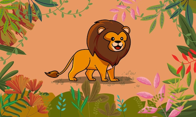 Cute cartoon lion animal with floral plants on background vector wildlife illustration design