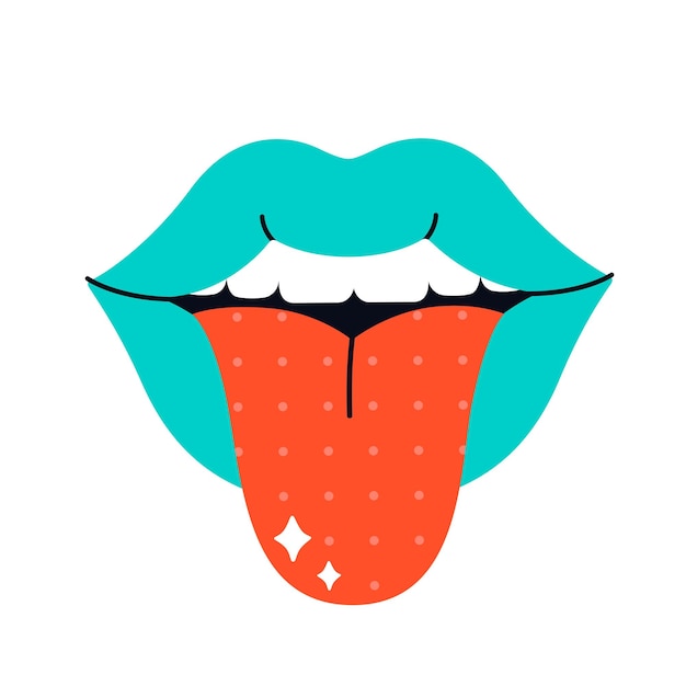 Cute cartoon lips with tongue retro style Psychedelic and vintage