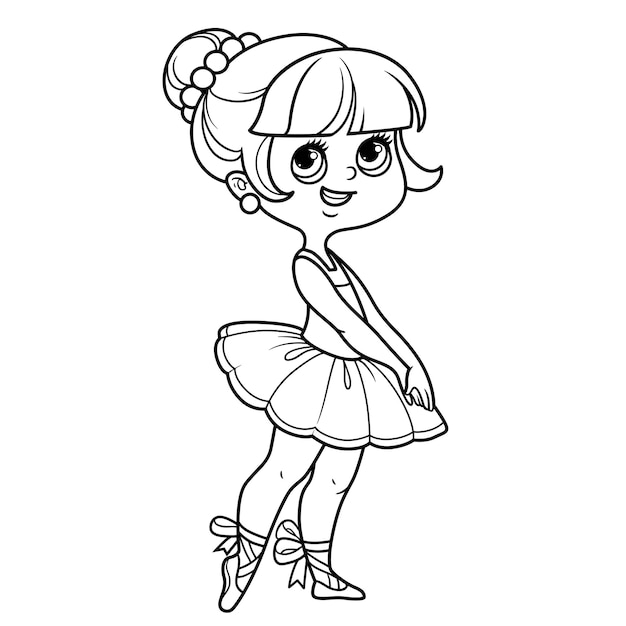 Cute cartoon little ballerina girl in lush tutu outlined for coloring isolated on a white background