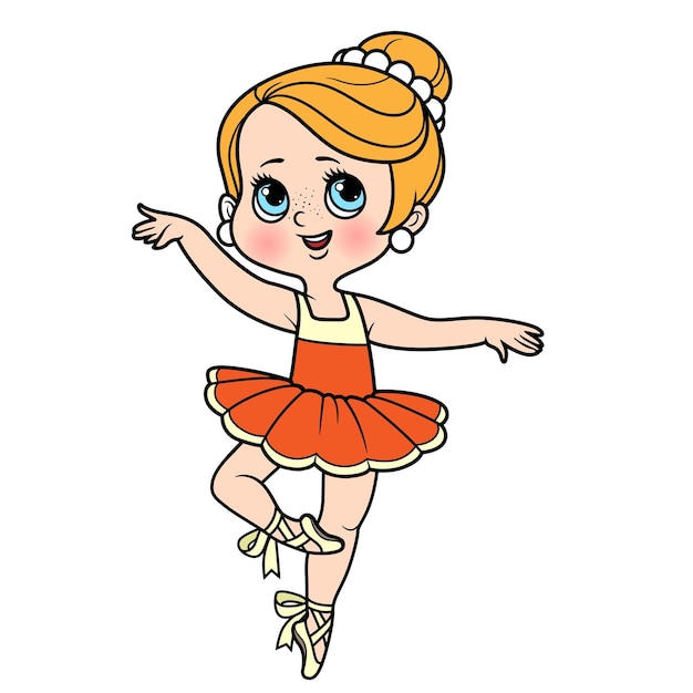 Cute cartoon little ballerina girl in lush tutu and pointe dancing on one leg color variation for coloring page isolated on a white background