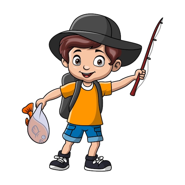 Cute cartoon little boy is fishing