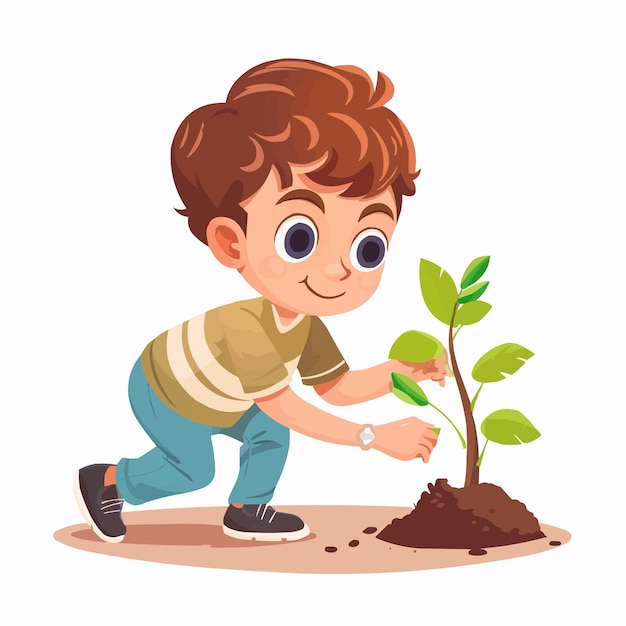 Vector cute cartoon little boy planting a plant vector isolated on white solid background