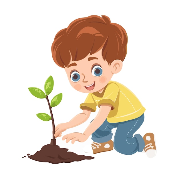 Vector cute cartoon little boy planting a plant vector isolated on white solid background