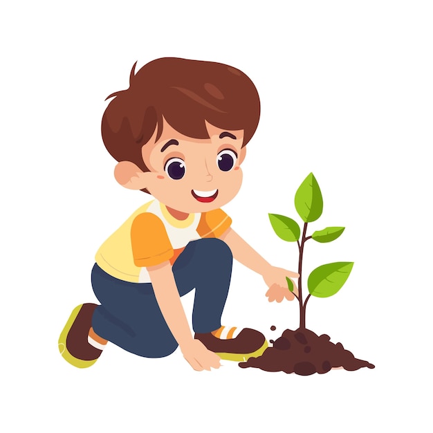 Vector cute cartoon little boy planting a plant vector isolated on white solid background