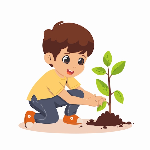 Vector cute cartoon little boy planting a plant vector isolated on white solid background