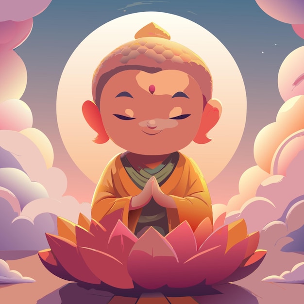 Vector cute cartoon little buddha sitting on a lotus flower smiling with closed eyes and hands folded in