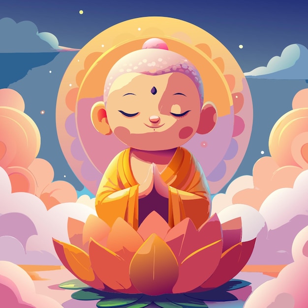 cute cartoon little buddha sitting on a lotus flower smiling with closed eyes and hands folded in