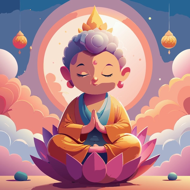 Vector cute cartoon little buddha sitting on a lotus flower smiling with closed eyes and hands folded in