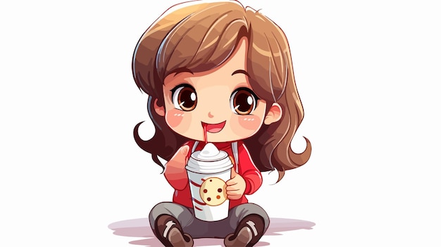 Vector cute cartoon of little girl drinking milk from a box with straw