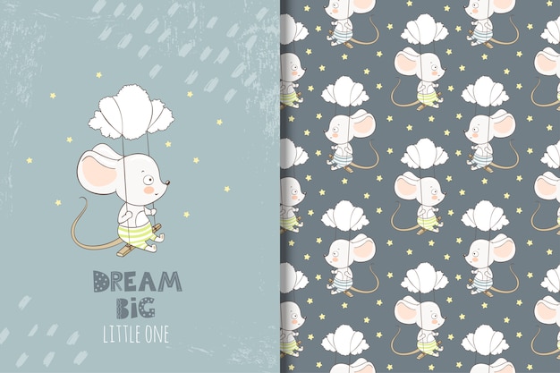 Cute cartoon little mouse illustration and seamless pattern