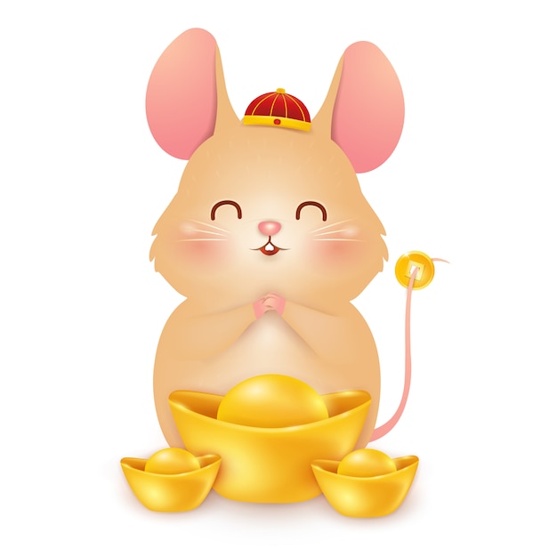 Cute cartoon Little Rat character design with traditional Chinese red hat and chinese gold ingot isolated on white background. The year of the rat. Zodiac of the rat