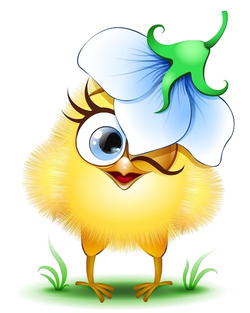 Cute cartoon little yellow chick girl with blue flower hat