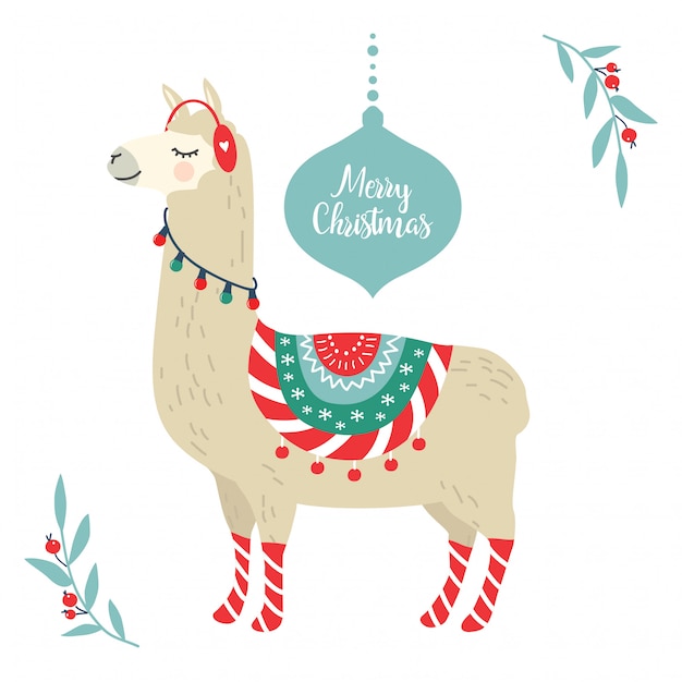 Cute cartoon llama alpaca vector graphic design for Christmas holiday