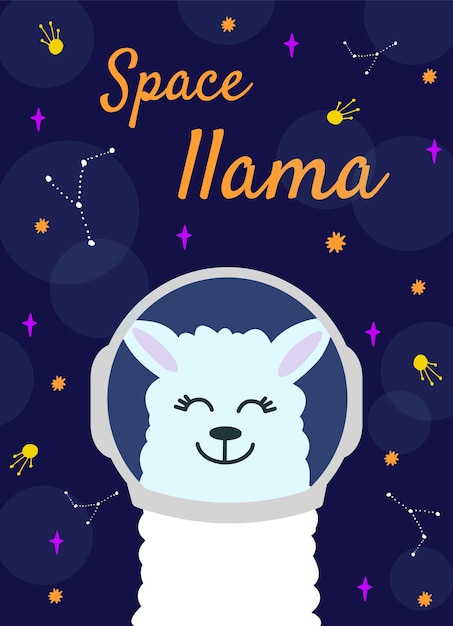 Cute cartoon llama in space with moon and stars Vector illustration alpaca in space