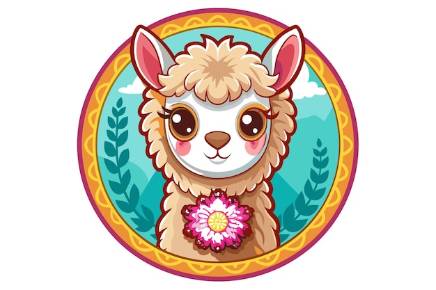 Cute Cartoon Llama with Flower in a Colorful Frame