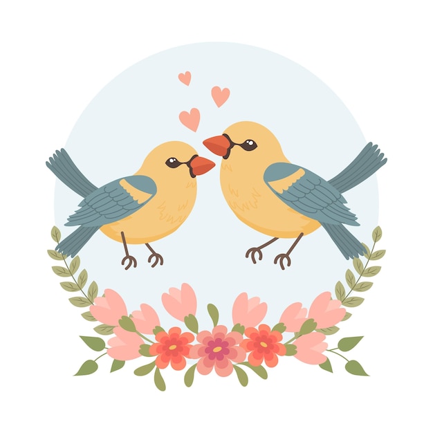 Vector cute cartoon love birds in a flower frame design for greeting card invitation card for wedding