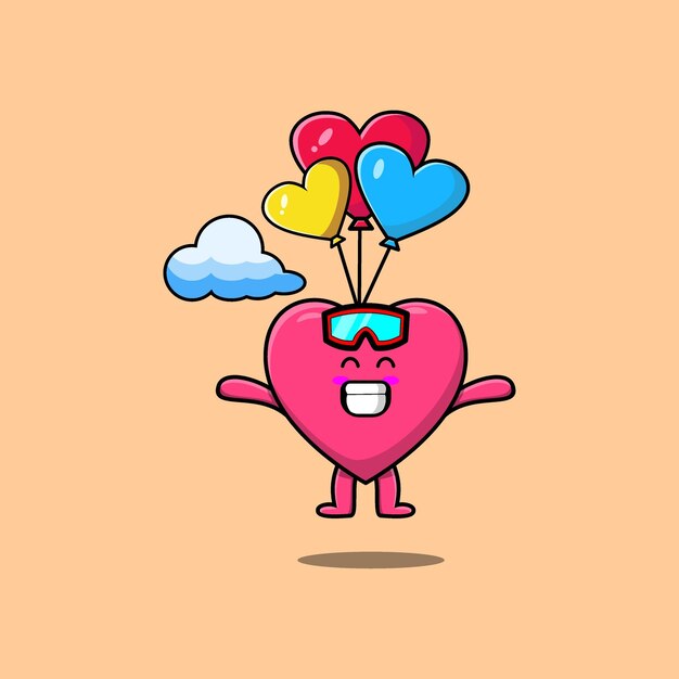 Vector cute cartoon lovely heart skydiving with balloon