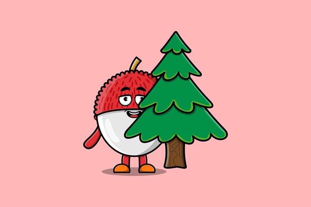 Cute cartoon Lychee character hiding tree in flat modern design in modern style design