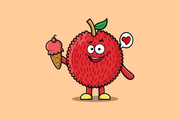 Cute Cartoon Lychee character holding ice cream cone in modern cute style illustration