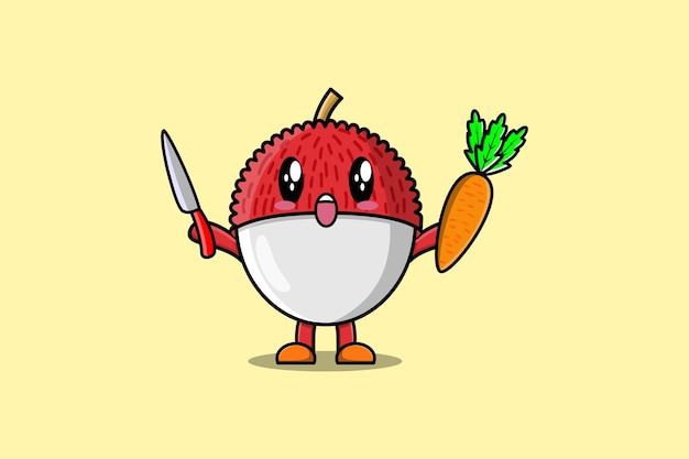 Cute cartoon Lychee character holding knife and carrot in modern style design