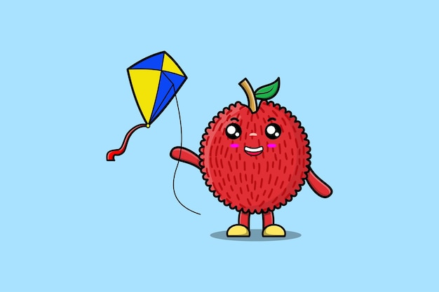 Cute cartoon Lychee character playing kite flying cartoon icon vector illustration