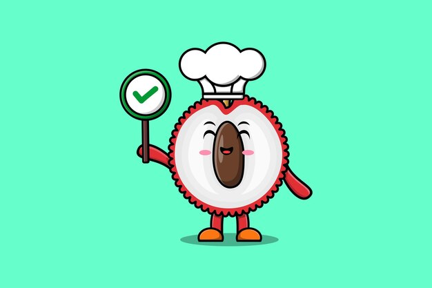 Cute cartoon Lychee chef character holding correct sign board in vector character illustration