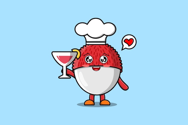 Cute cartoon Lychee chef character holding wine glass flat cartoon style illustration