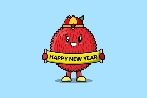 Cute cartoon Lychee chinese character holding happy new year board illustration