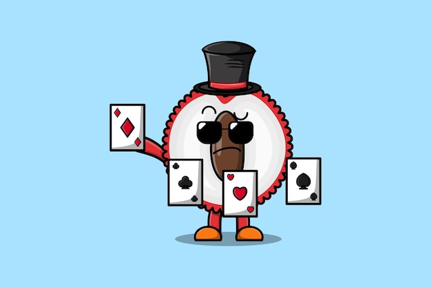 Cute cartoon Lychee magician character playing magic cards in flat cartoon style illustration