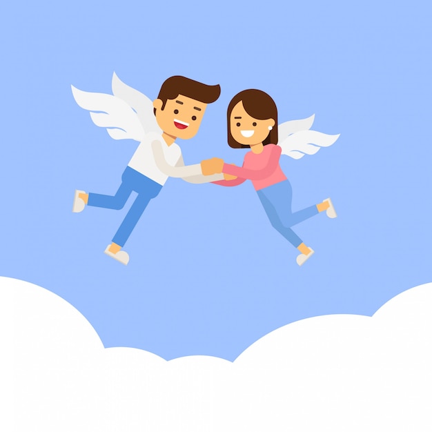 Cute cartoon man and woman flying in skies