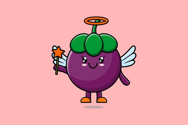 Cute Cartoon Mangosteen character in the form of fairy in 3d cartoon style concept