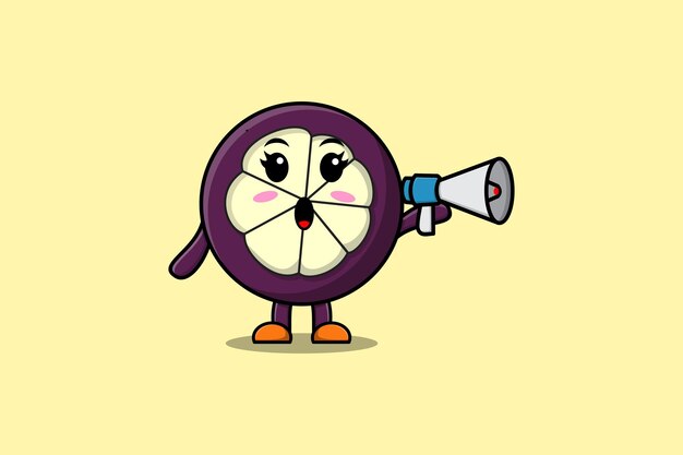 Cute Cartoon Mangosteen character speak with megaphone in 3d cartoon style concept