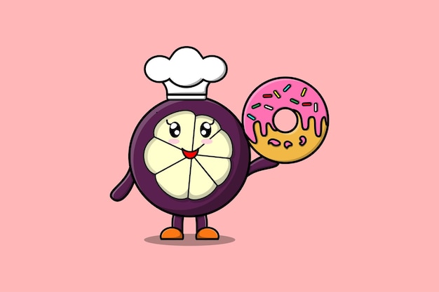 Cute cartoon Mangosteen chef character donuts in flat cartoon style illustration